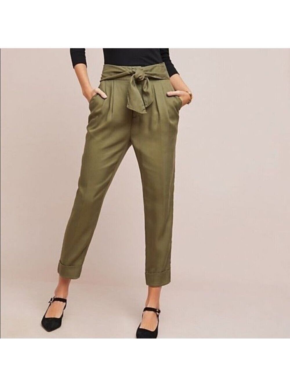 Cartonnier Tan Trousers 2 Green Pleated Front High-Rise Tapered Leg Crop Pants